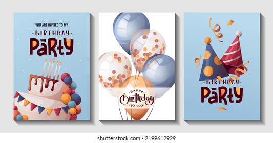 Set of Birthday cards with cake, caps, balloons. Handwritten lettering. Birthday party, celebration, congratulations, invitation concept. Vector illustration. Postcard, card, cover.