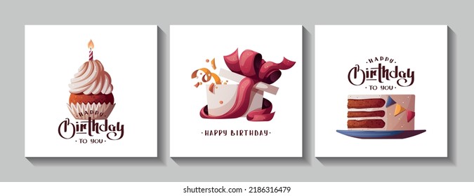 Set of Birthday cards with cake, cupcake and gift box. Handwritten lettering. Birthday party, celebration, congratulations, invitation concept. Square vector illustration. Postcard, card, cover.