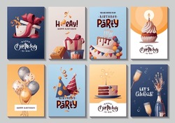 Set Of Birthday Cards With Cake, Gift Boxes, Balloons, Champagne. Handwritten Lettering. Birthday Party, Celebration, Congratulations, Invitation Concept. Vector Illustration. Postcard, Card, Cover.
