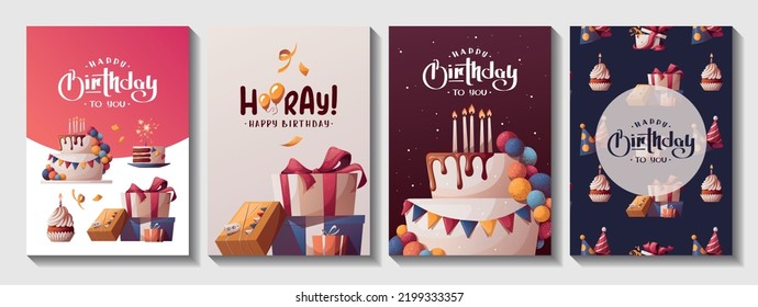 Set of Birthday cards with cake, gift boxes, cupcake. Handwritten lettering. Birthday party, celebration, congratulations, invitation concept. Vector illustration. Postcard, card, cover.