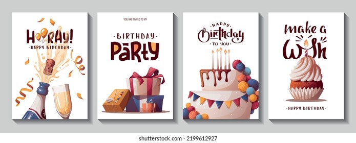 Set of Birthday cards with cake, gift boxes, cupcake, champagne. Handwritten lettering. Birthday party, celebration, congratulations, invitation concept. Vector illustration. Postcard, card, cover.