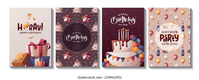 Set of Birthday cards with cake, gift boxes, balloons, champagne. Handwritten lettering. Birthday party, celebration, congratulations, invitation concept. Vector illustration. Postcard, card, cover.