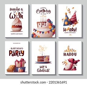 Juego de cartas de cumpleaños con pastel, cajas de regalo, quequitos, gorras. Grabación manuscrita. Fiesta de cumpleaños, celebración, felicitaciones, concepto de invitación. Ilustración vectorial. Postal, tarjeta, portada.