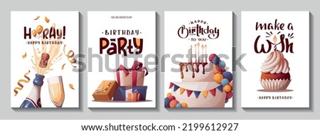 Set of Birthday cards with cake, gift boxes, cupcake, champagne. Handwritten lettering. Birthday party, celebration, congratulations, invitation concept. Vector illustration. Postcard, card, cover.