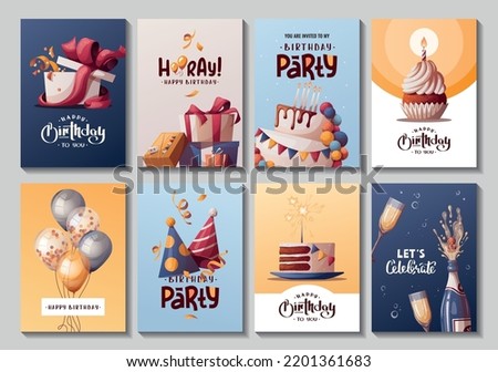 Set of Birthday cards with cake, gift boxes, balloons, champagne. Handwritten lettering. Birthday party, celebration, congratulations, invitation concept. Vector illustration. Postcard, card, cover.