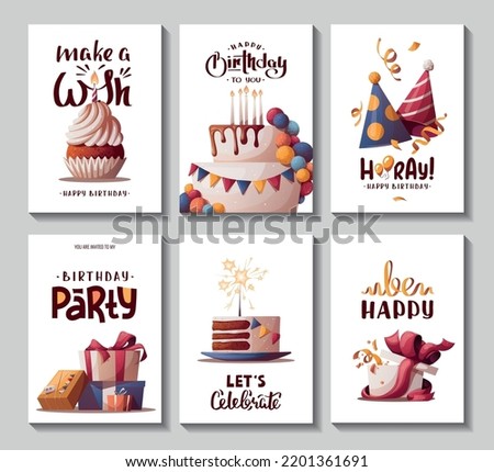 Set of Birthday cards with cake, gift boxes, cupcake, caps. Handwritten lettering. Birthday party, celebration, congratulations, invitation concept. Vector illustration. Postcard, card, cover.