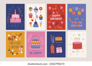 Set von Geburtstagskarten mit Kuchen, Tee, Eis, Erdbeere, Kirsche, Blättern, Ballons, Girlanden, Blumen, Geschenken, Kerzen, Lollipop, Sternen im skandinavischen Stil. Vektorgrafik