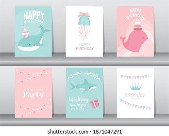 Set of birthday cards with cute animal,poster,template,greeting card,cake,Vector illustrations