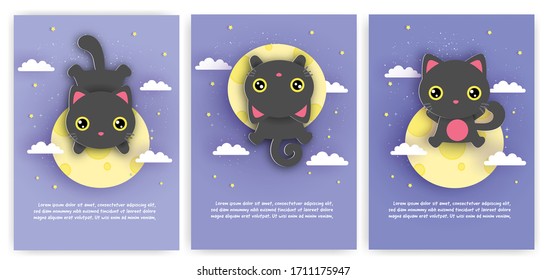 Set of birthday cards with cute black cat on the moon in paper cut style.