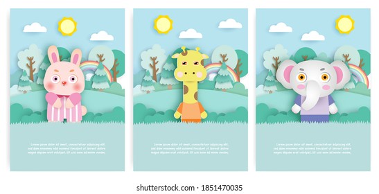 Set of birthday cards with cute rabbit , giraffe and elephant in the forest in paper cut style.