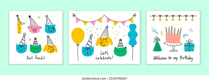 Set of Birthday cards. Dog, bear, frog, pig, cat, goose, cake, balloons, gift box, garlands, paper decors. Vector illustration with handwritten lettering. Birthday party, celebration, congratulations,