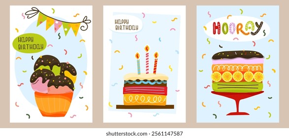 Set of birthday cards featuring desserts, ice cream with chocolate topping, cakes, candles and party decorations. For birthday invitations, greeting cards or digital design projects