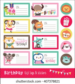 Set of birthday cards, gift tags and sticker.