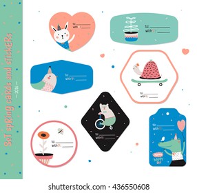 Set of birthday cards, gift tags, labels templates and stickers with funny kids animals. Vector. Isolated. White Background