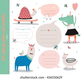 Set of birthday cards, gift tags, labels templates and stickers with funny kids animals. Vector. Isolated. White Background