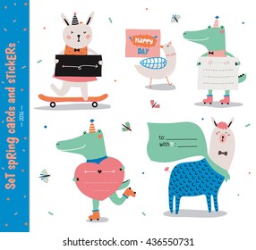 Set of birthday cards, gift tags, labels templates and stickers with funny kids animals. Vector. Isolated. White Background