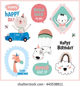 Set of birthday cards, gift tags, label templates and stickers with funny and cute animals. Vector. Isolated. White Background