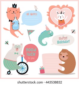 Set of birthday cards, gift tags, label templates and stickers with funny and cute animals. Vector. Isolated. White Background