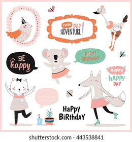 Set of birthday cards, gift tags, label templates and stickers with funny and cute animals. Vector. Isolated. White Background