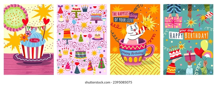 Set of birthday cards. Greeting posters with birthday cake, gift, balloon, confetti and garlands. Party invitations to celebrate holiday. Cartoon flat vector illustrations isolated on white background