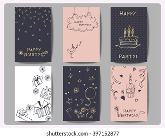 Set of  Birthday cards  with  Hand drawn birthday cake, balloons, gift and festive attributes. Vector illustration.