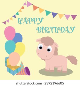 Set of Birthday cards with horse , ballons, gift boxes, Handwritten lettering. Birthday party, celebration, congratulations, invitation concept. Vector illustration. Postcard, card, cover.