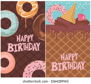Set of birthday cards with ice cream and donut. Editable vector illustration