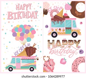 Set of birthday cards with ice cream and donut. Editable vector illustration