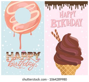 Set of birthday cards with ice cream and donut. Editable vector illustration