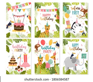 Set with birthday cards and invitations with jungle animals. Vector illustration