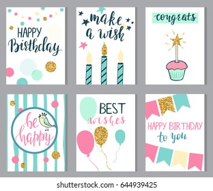 Set of birthday cards with lettering and glitter elements