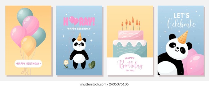 Juego de cartas de cumpleaños con panda, globos, flores, pastel. Fiesta de cumpleaños, celebración, felicitaciones, concepto de invitación. Ilustración vectorial. Postal, tarjeta, portada.