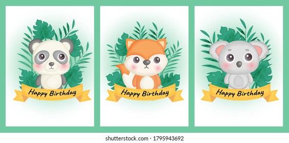juego de tarjetas de cumpleaños con panda, zorro y koala en estilo de color agua.