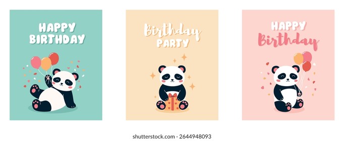 Set of birthday cards with pandas with balloons. Flat vector illustration.