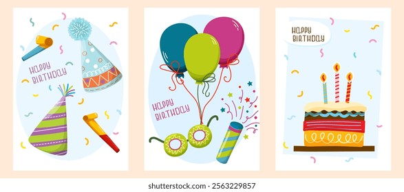 Set of birthday cards with party hats, balloons, party blowers, glasses and birthday cake. Ideal for party invitations, e-cards, or festive decorations