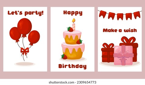 Set of birthday cards. Postcards collection with balloons, gifts, cake and garland flag. Happy birthday. Make a wish. Let's party. Vector greeting card.