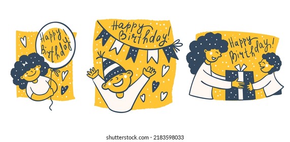 A set of birthday cards in retro style. Vector illustration