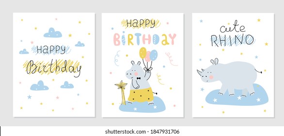 Set of birthday cards with Rhino, Hippo, cloud and balloons. Vector illustration with an animal, in a modern cartoon style, for printing on packaging paper, postcard, poster, banner, clothing. Cute ch