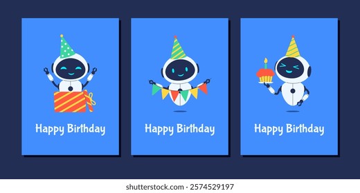 Set of birthday cards with robots and festive decorations. Vector illustration for party themes, greeting cards or tech inspired celebrations