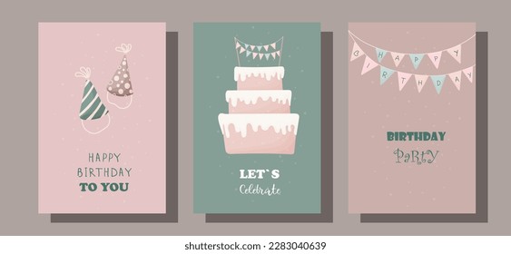 A set of birthday cards. Save the date. Birthday party invitations. Birthday card