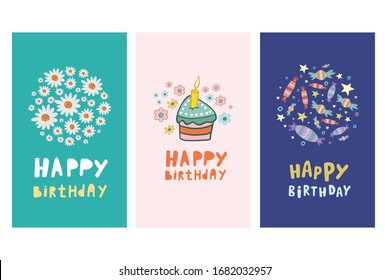 Set of birthday cards. Vecton illustration in cartoon style. Set of birthday designs. Happy Birthday. Flat illustration.