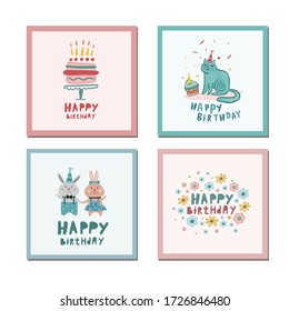 Set of birthday cards. Vector birthday illustration. Doodle color drawings.