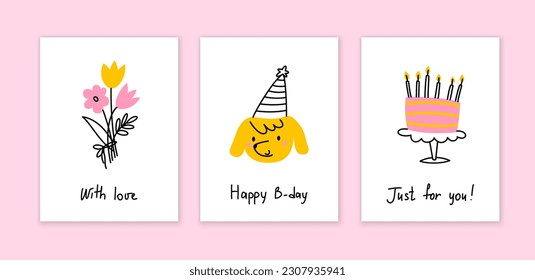 Set of Birthday cards. Vector illustration with bouquet of flowers, dog, cake with candles. Handwritten lettering