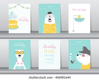 Set of birthday cards,poster,invitation cards,template,greeting cards,animals,bears,Vector illustrations