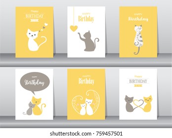 Set of birthday cards,poster,invitation cards,template,greeting cards,animals,cat,cute vector,Vector illustrations