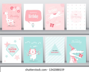 Set of birthday cards,poster,invitation cards,template,greeting cards,animals,cute,Vector illustrations