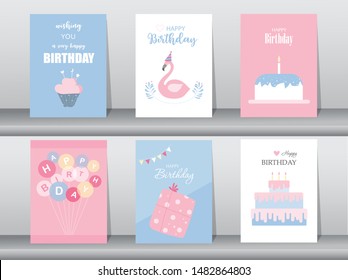 Set of birthday cards,poster,invitation cards,template,greeting cards,animals,cute,Vector illustrations