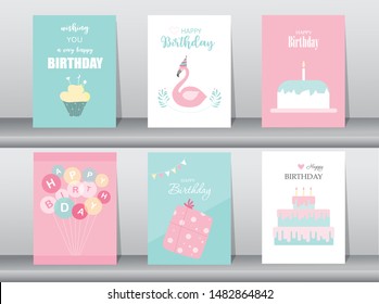 Set of birthday cards,poster,invitation cards,template,greeting cards,animals,cute,Vector illustrations