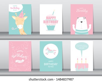 Set of birthday cards,poster,invitation cards,template,greeting cards,animals,cute,Vector illustrations