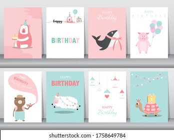 Set of birthday cards,poster,invitation cards,template,greeting cards,animals,cute,Vector illustrations